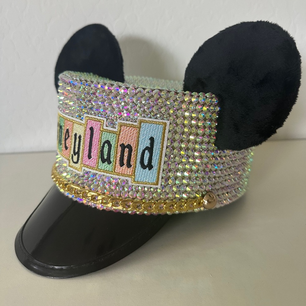 Custom Disney Train Conductor Hat, Disneyland Sparkling Rhinestone Mickey Ears - Picture 7 of 9